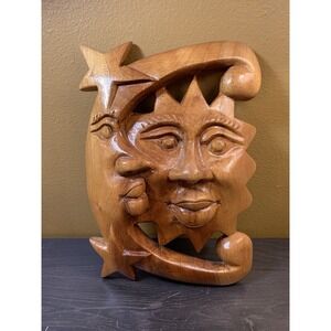 Celestial Sun Moon Handmade Wooden Folk Art Wall Plaque Hand Painted 10.5"x7.5"